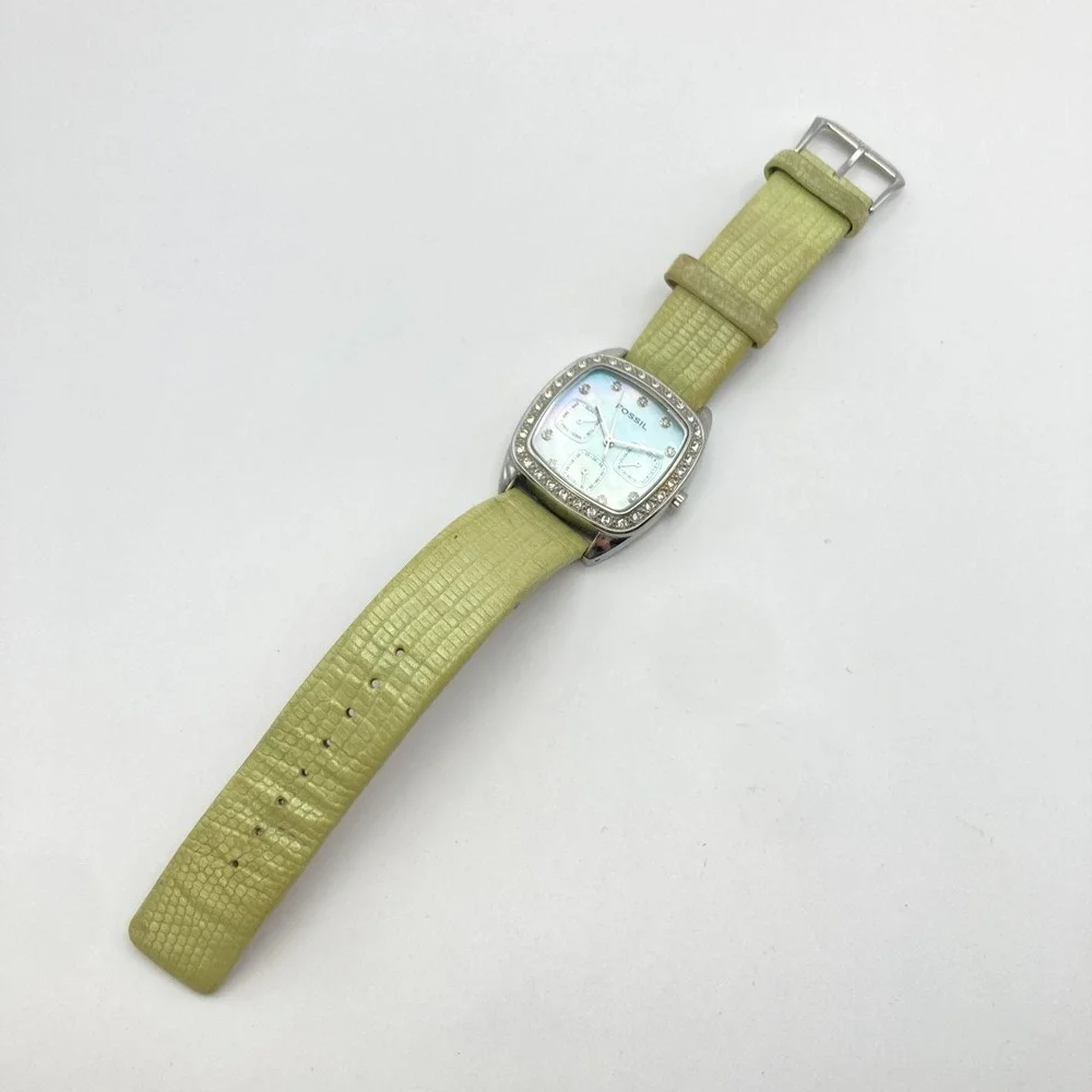 Fossil F2 Women's Watch 32mm Silver Tone Green MOP Crystals Day Date New Battery